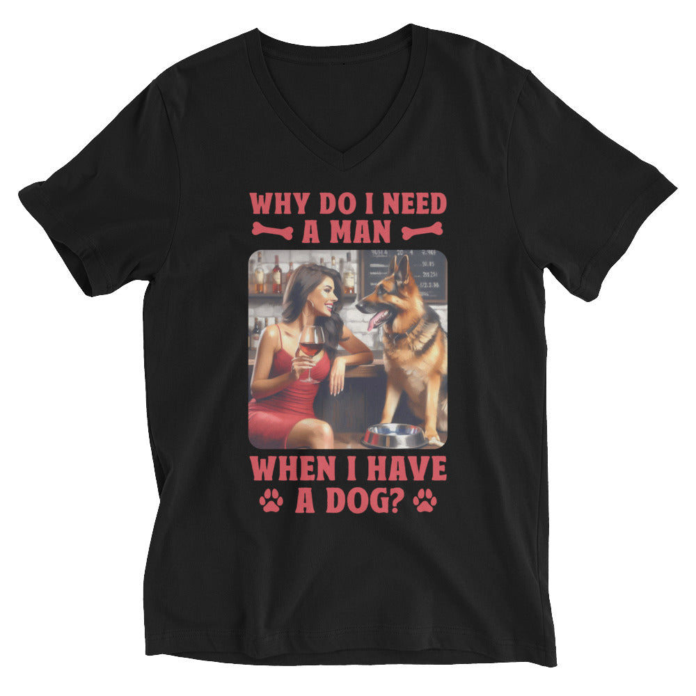 Lady Brown Hair with Large Dog- Black or White Unisex Short Sleeve V-Neck T-Shirt