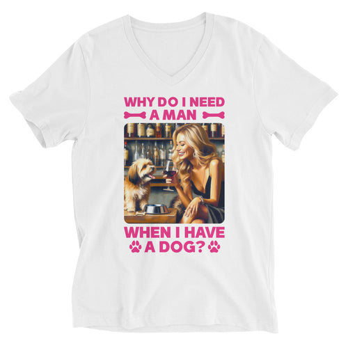 Lady Blonde Hair with Small Dog- Black or White Unisex Short Sleeve V-Neck T-Shirt
