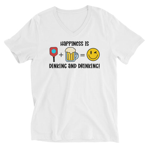 Happiness is Dinking and Drinking!- White Unisex Short Sleeve V-Neck T-Shirt