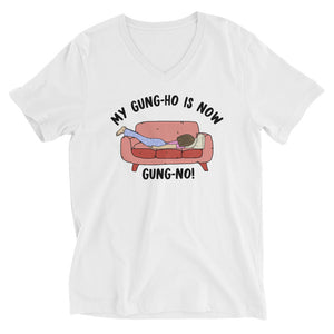 Gung Ho-/Gung No- Female- White Unisex Short Sleeve V-Neck T-Shirt