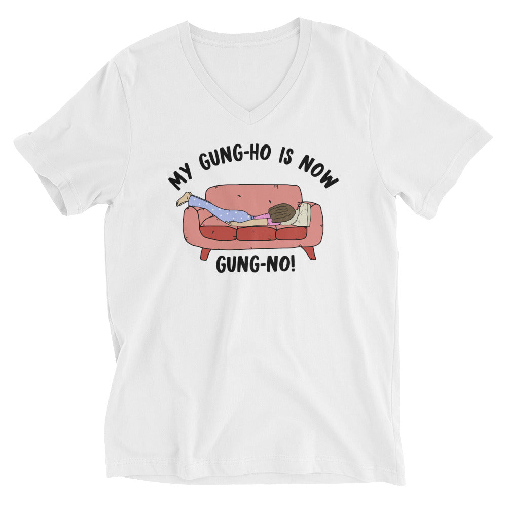 Gung Ho-/Gung No- Female- White Unisex Short Sleeve V-Neck T-Shirt