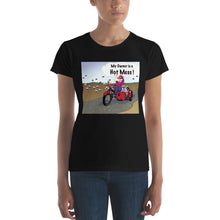 Load image into Gallery viewer, Female Motorcycle w/ White Dog- Women&#39;s Short Sleeve T-Shirt